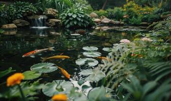 A garden pond adorned with koi fish swimming among water lilies and lush greenery photo