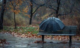 un solitario paraguas en un mojado parque banco durante en el lluvia foto