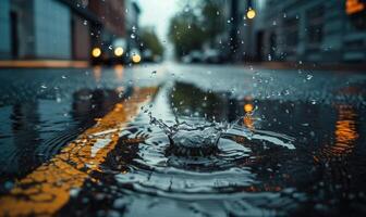 Raindrops splashing into a puddle on a deserted city street, closeup view photo