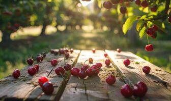 Ripe cherries scattered on a wooden picnic table in the dappled sunlight of a cherry orchard photo