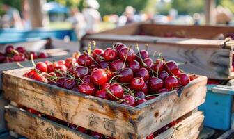 Ripe cherries displayed in a vintage fruit crate at a country fair photo