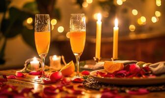 A romantic dinner setting with cocktails served in crystal flutes photo