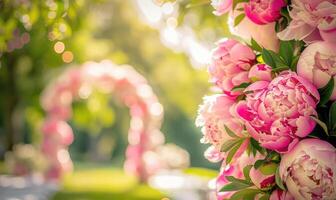 peonía flores adornando un Boda arco foto