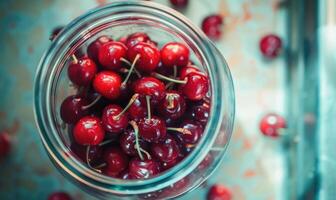 Ripe cherries showcased in a glass jar filled with clear syrup photo