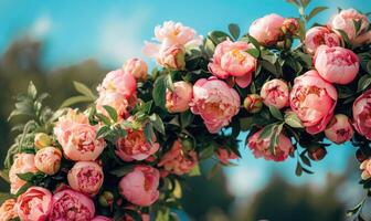 peonía flores adornando un Boda arco foto