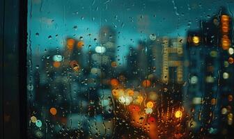A rain-soaked windowpane with blurred city lights in the background photo