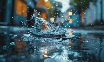 Raindrops splashing into a puddle on a deserted city street, closeup view photo