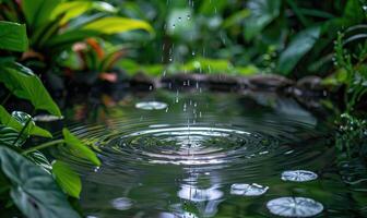 gotas de lluvia que cae dentro un tranquilo estanque rodeado por lozano vegetación foto