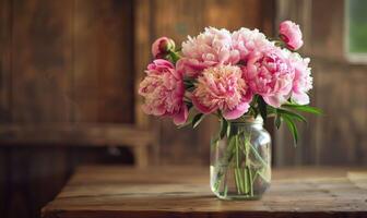 Peonies arranged in a mason jar vase for a rustic chic centerpiece photo