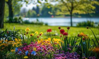 primavera a el lago con floreciente flores silvestres y vibrante verdor foto