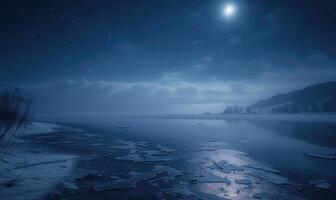 A frozen lake bathed in the soft glow of the moonlight photo