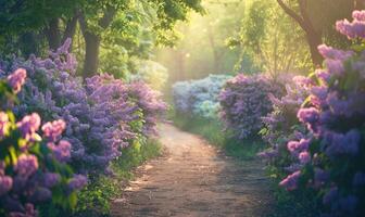 A garden pathway lined with blooming lilac bushes photo