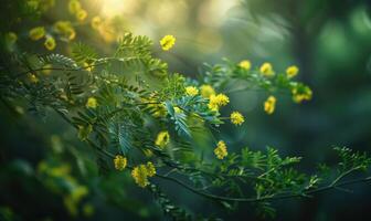 Closeup view of yellow mimosa flower branch with bokeh background photo