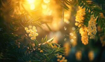 Closeup view of yellow mimosa flower branch with bokeh background photo