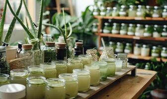 un boticario taller lleno con frascos de naturaleza cosmético con áloe foto