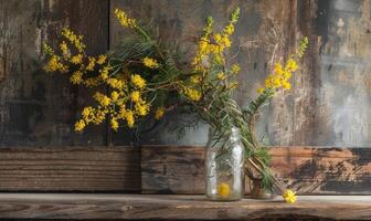 A rustic mantel adorned with a mason jar filled with Mimosa branches photo