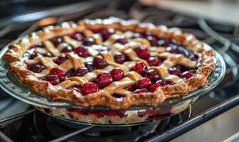 Closeup view of cherry pie with fresh cherries photo