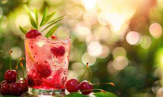 A refreshing glass of cherry lemonade garnished with ripe cherries photo