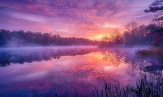 Bright sunrise reflected in water, pink and violet twilight, nature background photo