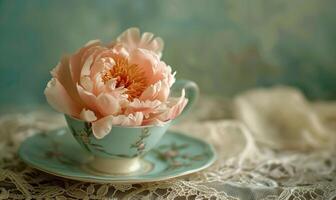 A peony flower in a vintage teacup, closeup view photo