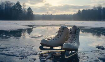 A pair of ice skates on the frozen surface of a lake photo