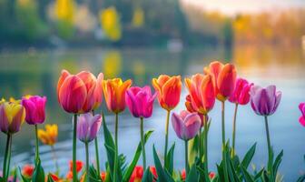 A row of vibrant tulips blooming along the edge of a spring lake photo