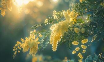 Closeup view of yellow mimosa flower branch with bokeh background photo