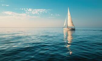 A sailboat gliding across the calm waters of the ocean photo