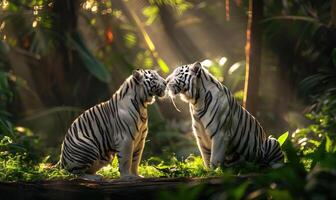 A pair of white tigers playfully frolicking in a sunlit clearing photo