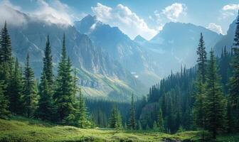 A picturesque mountain landscape with towering pine trees lining the rugged slopes photo