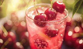 un refrescante vaso de Cereza limonada adornado con maduro cerezas foto