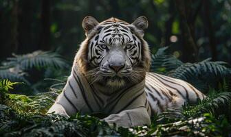 White tiger in green lush closeup portrait photo