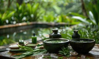 A tranquil spa retreat offering aloe vera infused facials and body treatments amidst lush greenery and natural surroundings photo