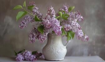 A lilac bouquet arranged in a vintage pitcher photo