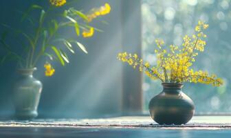 Vase with yellow flowers in morning light photo