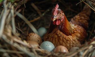 un gallina guardando su recién puesto huevos en un nido foto