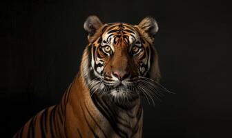 A Javan tiger portrait on black background photo