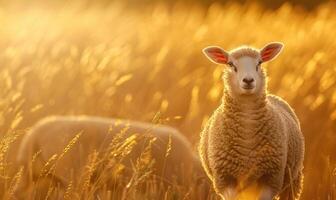 White sheep in the field, closeup photo