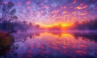 Bright sunrise reflected in water, pink and violet twilight, nature background photo