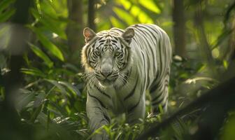 un blanco Tigre merodeando mediante el denso follaje de sus natural habitat foto