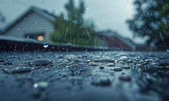 Raindrops cascading off the edge of a rooftop during a heavy downpour photo