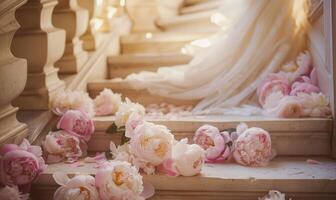 Peonies cascading down a staircase in a bridal photoshoot photo