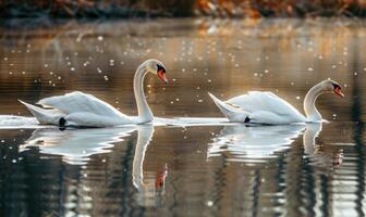 A pair of swans gliding gracefully across the glassy surface of a spring lake photo