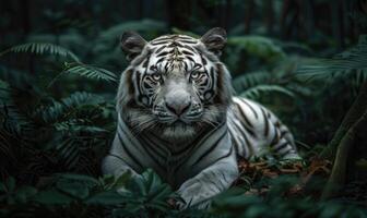 White tiger in green lush closeup portrait photo