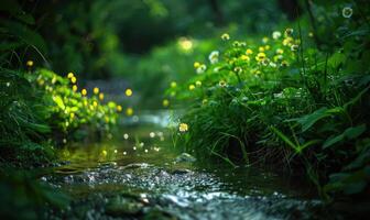 Closeup view of green grass and lives near the stream in spring forest photo