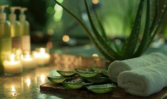 A serene spa setting with aloe vera leaves arranged decoratively photo