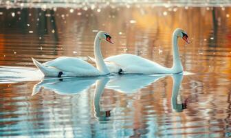 A pair of swans gliding gracefully across the glassy surface of a spring lake photo