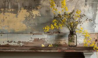 A rustic mantel adorned with a mason jar filled with Mimosa branches photo