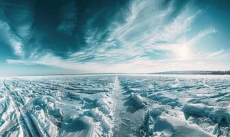 A panoramic view of the frozen lake and bright blue sky, winter nature background photo