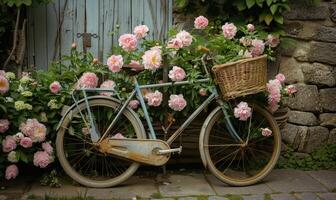 A vintage bicycle adorned with peony flowers in a basket photo